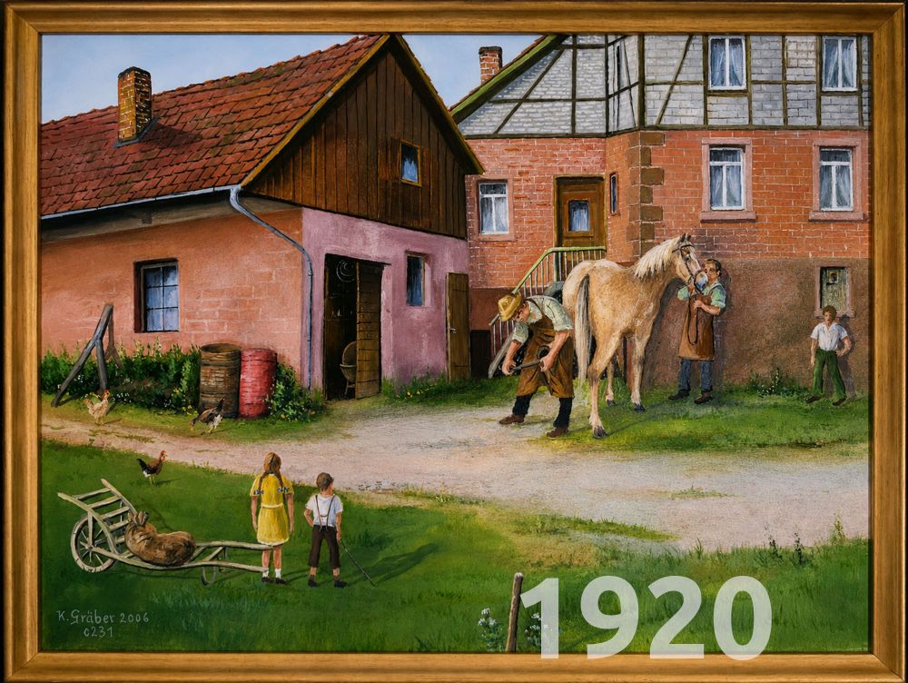 Gemälde vom Hof mit Pferd und Familie
